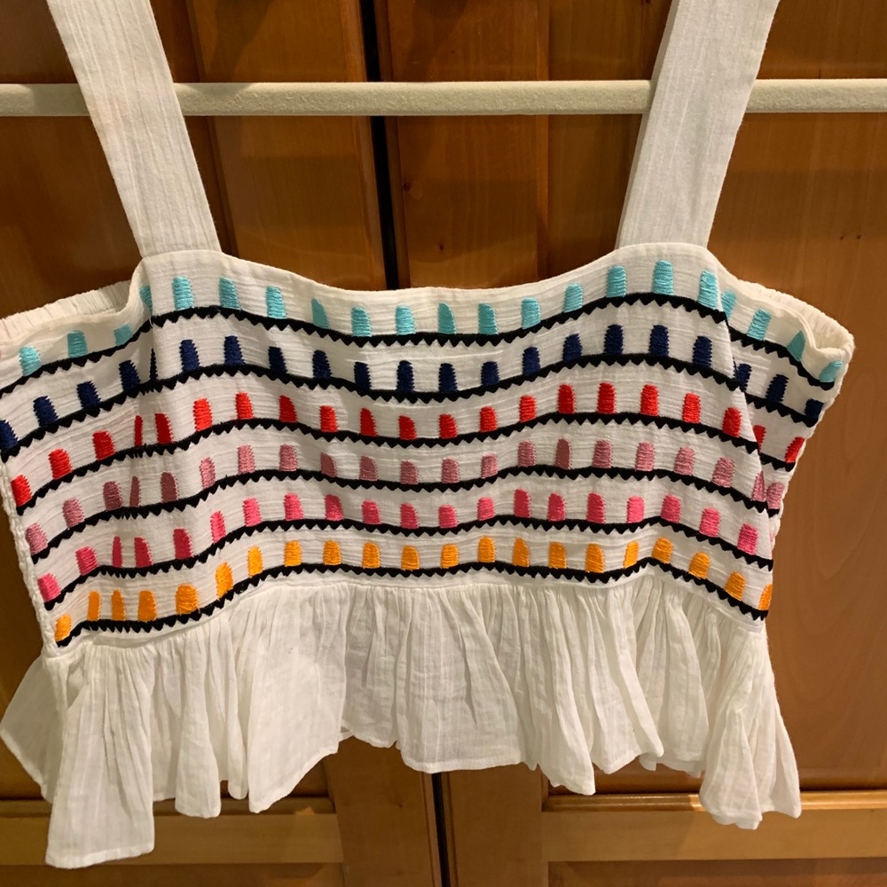 White crop top with multi-colored design